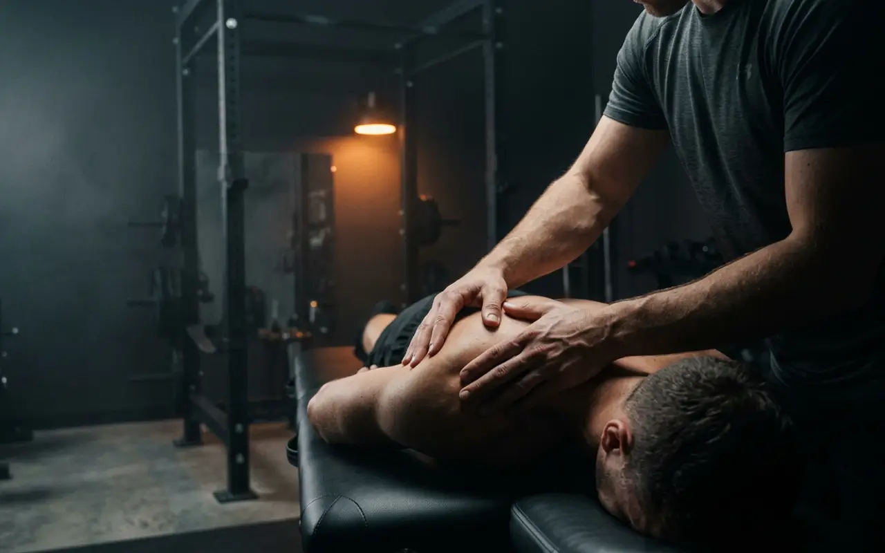 Manos de una fisioterapeuta haciendo terapia manual sobre el hombro de un deportista en la camilla